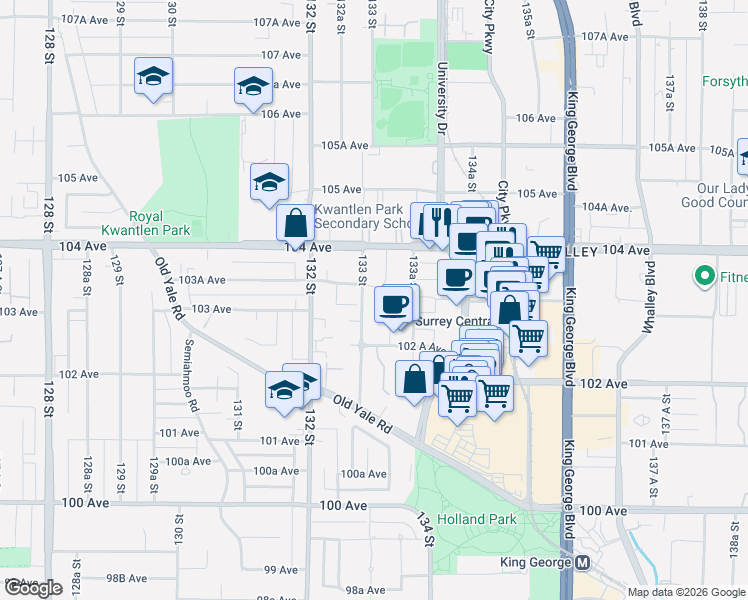 map of restaurants, bars, coffee shops, grocery stores, and more near 13308 Central Avenue in Surrey