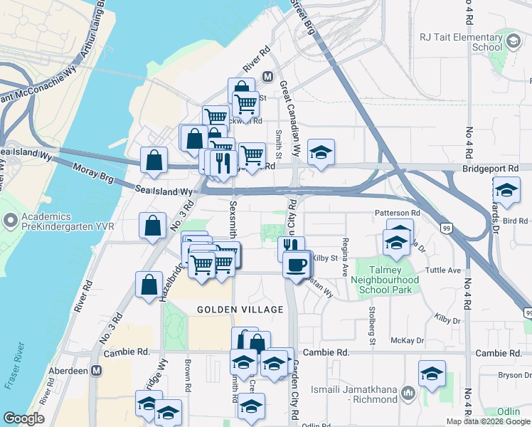map of restaurants, bars, coffee shops, grocery stores, and more near 8988 Patterson Road in Richmond