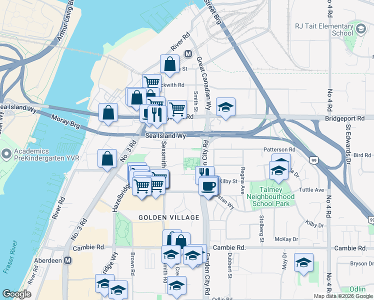 map of restaurants, bars, coffee shops, grocery stores, and more near in Richmond