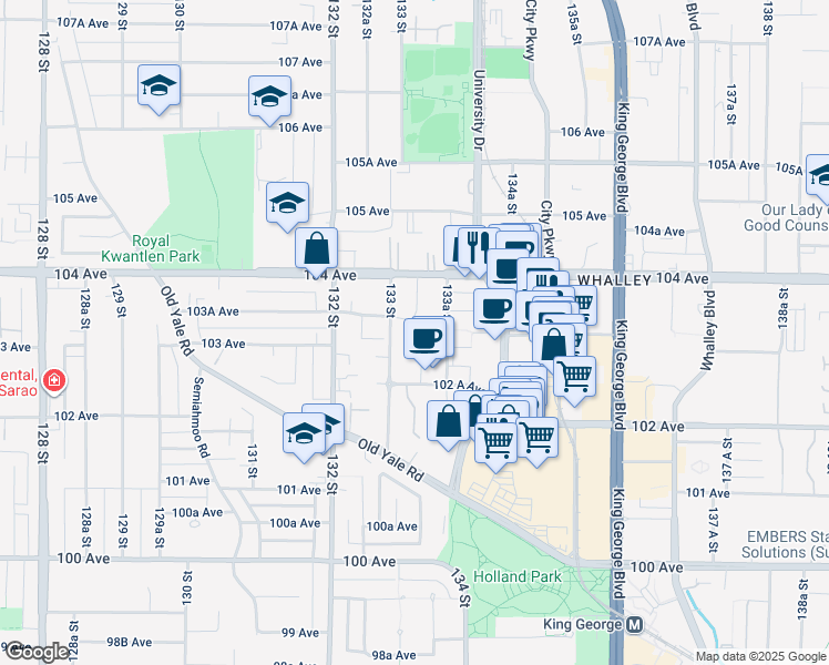 map of restaurants, bars, coffee shops, grocery stores, and more near in Surrey