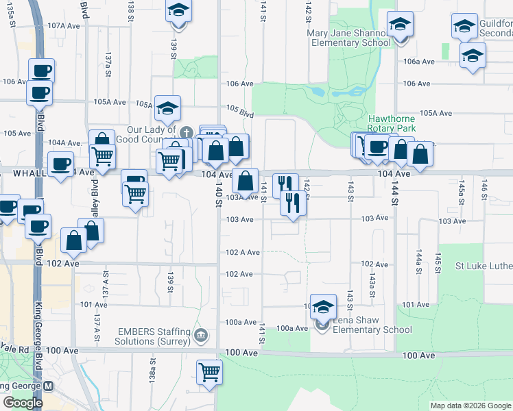 map of restaurants, bars, coffee shops, grocery stores, and more near 10333 141 Street in Surrey
