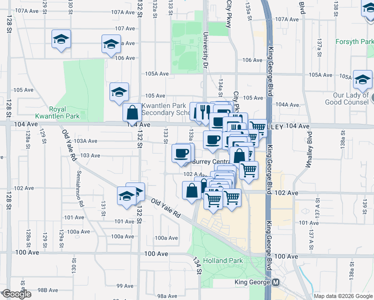map of restaurants, bars, coffee shops, grocery stores, and more near in Surrey