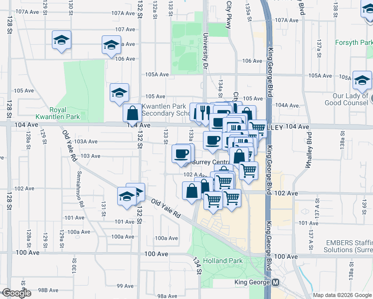 map of restaurants, bars, coffee shops, grocery stores, and more near 13350 Central Avenue in Surrey