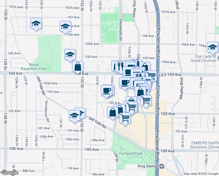 map of restaurants, bars, coffee shops, grocery stores, and more near 13350 Central Avenue in Surrey