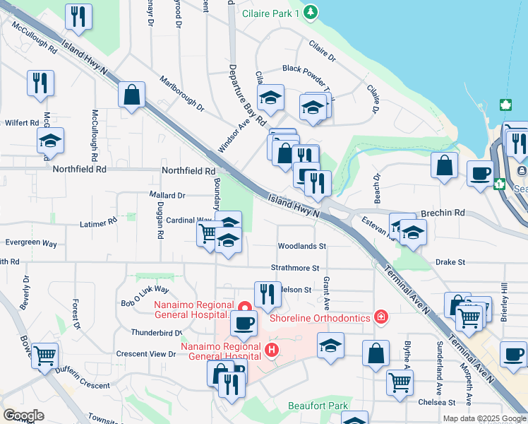 map of restaurants, bars, coffee shops, grocery stores, and more near 170 Giggleswick Place in Nanaimo