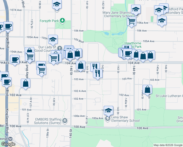 map of restaurants, bars, coffee shops, grocery stores, and more near 14188 103A Avenue in Surrey