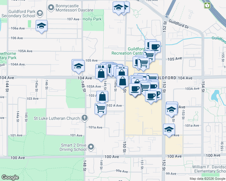 map of restaurants, bars, coffee shops, grocery stores, and more near 10335 149A Street in Surrey