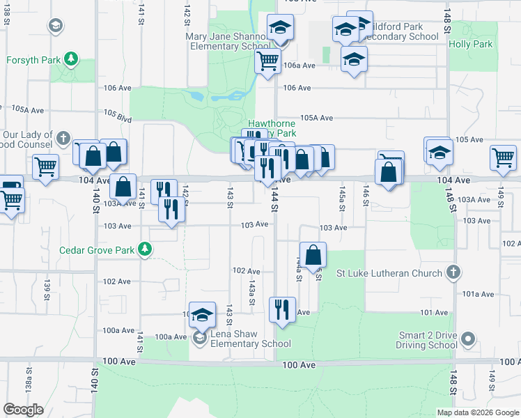 map of restaurants, bars, coffee shops, grocery stores, and more near 14377 103 Avenue in Surrey