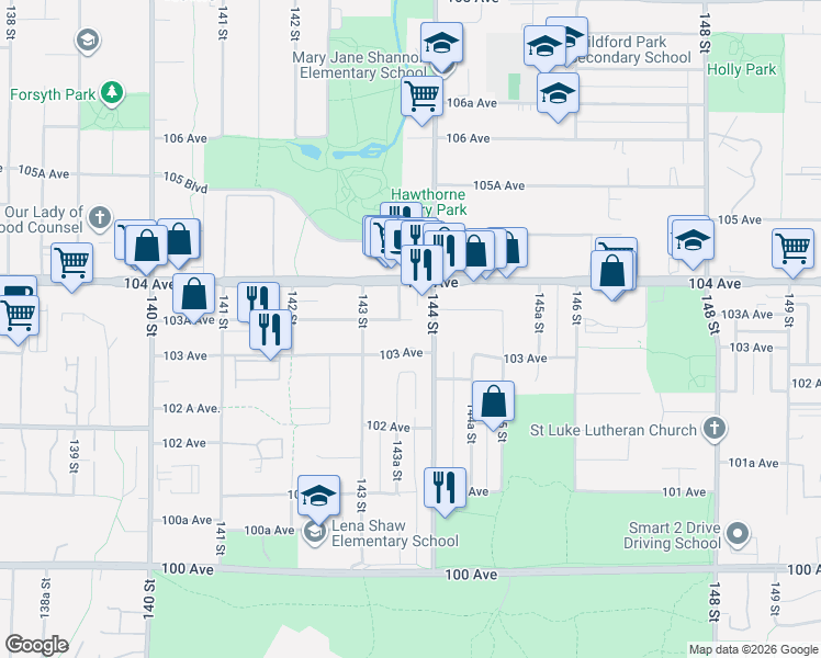 map of restaurants, bars, coffee shops, grocery stores, and more near 14333 104 Avenue in Surrey