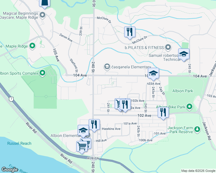 map of restaurants, bars, coffee shops, grocery stores, and more near 24060 104 Avenue in Maple Ridge