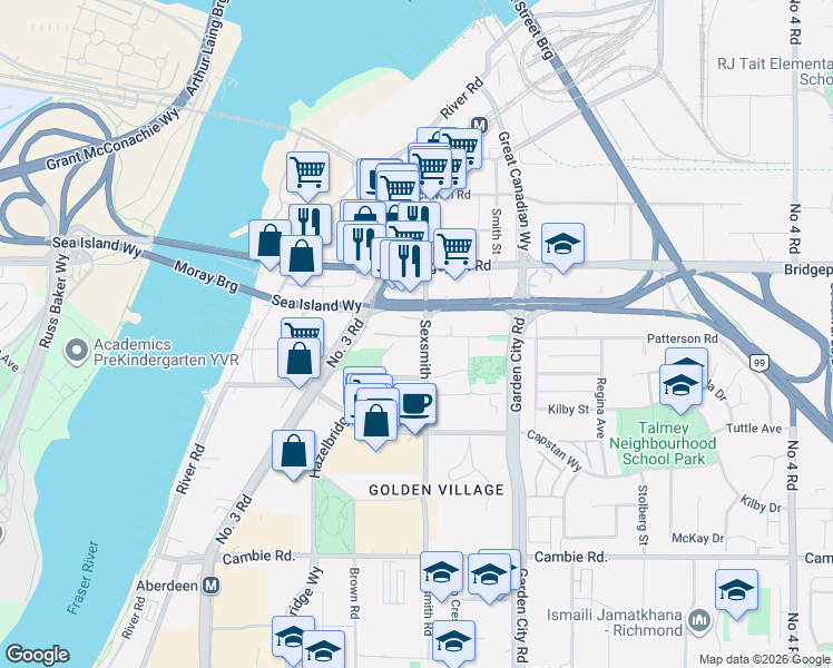 map of restaurants, bars, coffee shops, grocery stores, and more near in Richmond