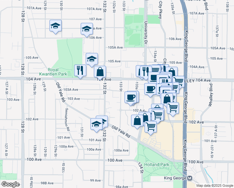 map of restaurants, bars, coffee shops, grocery stores, and more near 10333 133 Street in Surrey