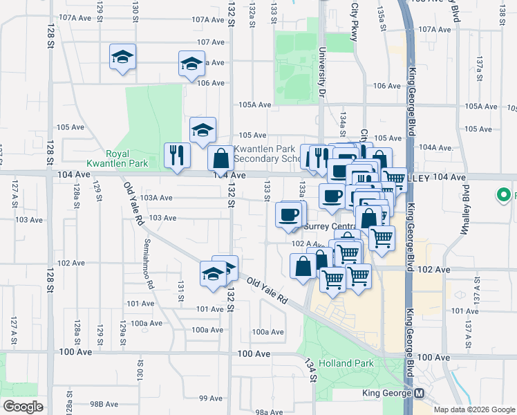 map of restaurants, bars, coffee shops, grocery stores, and more near 10333 133 Street in Surrey