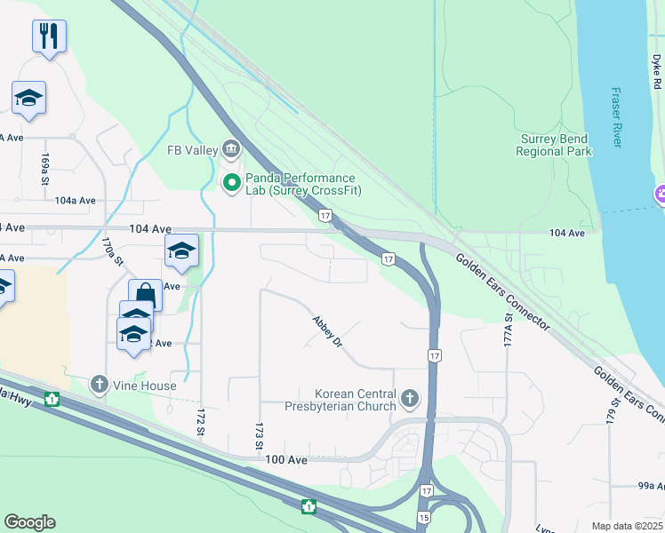 map of restaurants, bars, coffee shops, grocery stores, and more near 17440 103B Avenue in Surrey