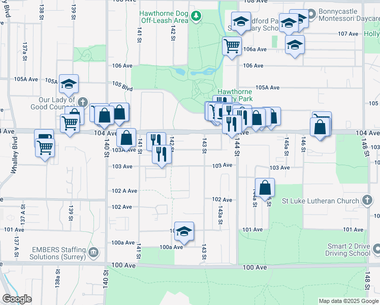 map of restaurants, bars, coffee shops, grocery stores, and more near 14258 103A Avenue in Surrey