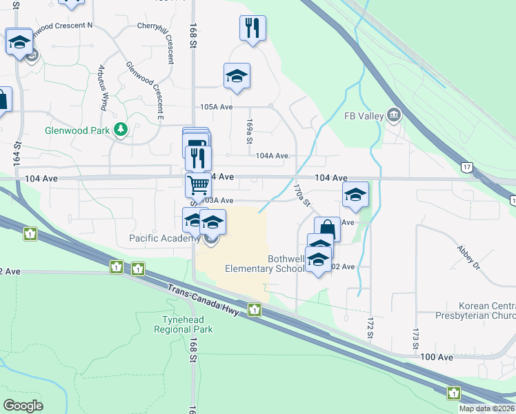 map of restaurants, bars, coffee shops, grocery stores, and more near 16950 103A Avenue in Surrey