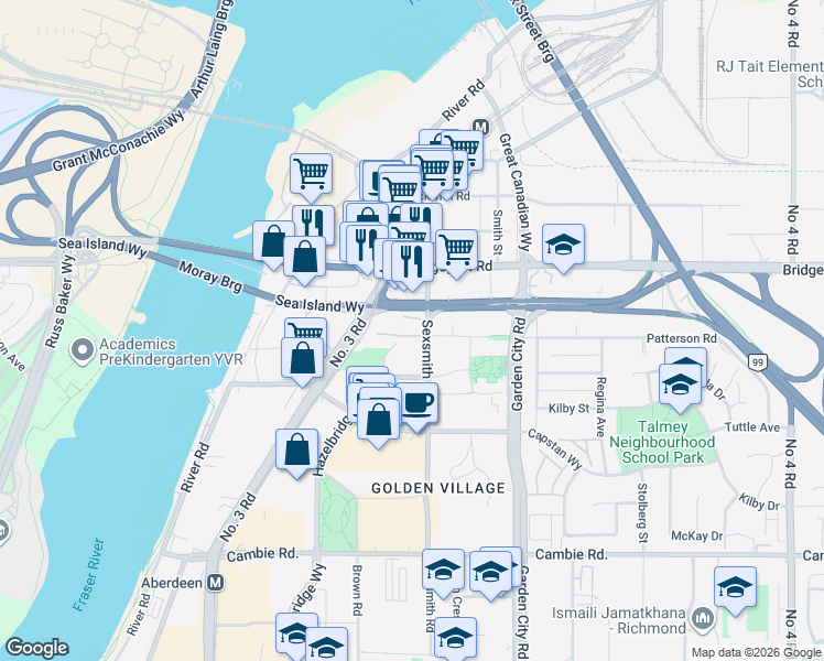 map of restaurants, bars, coffee shops, grocery stores, and more near in Richmond