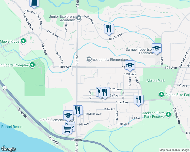 map of restaurants, bars, coffee shops, grocery stores, and more near 24108 104 Avenue in Maple Ridge