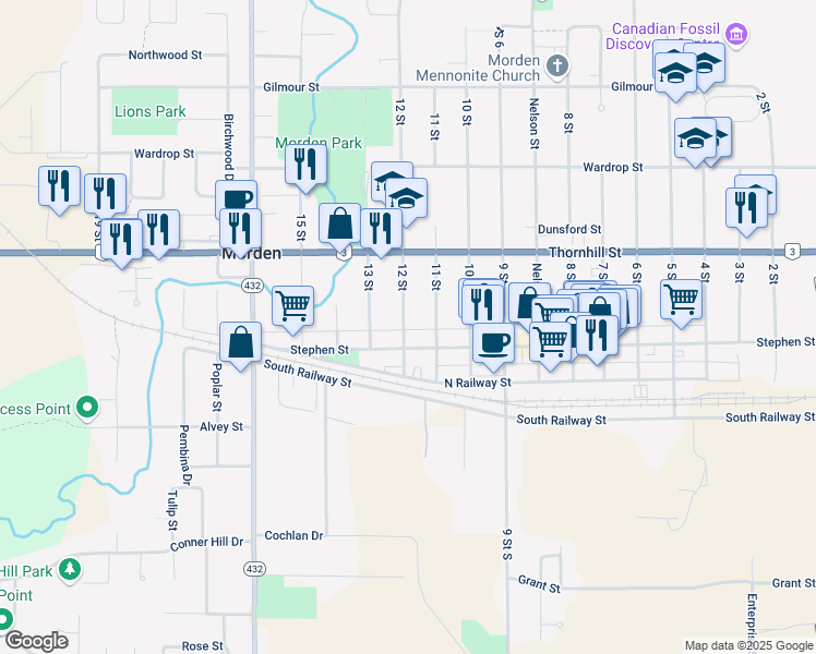 map of restaurants, bars, coffee shops, grocery stores, and more near 133 12 Street in Morden