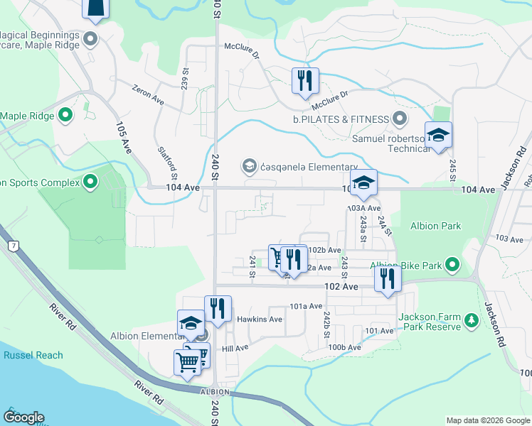 map of restaurants, bars, coffee shops, grocery stores, and more near 24060 104 Avenue in Maple Ridge