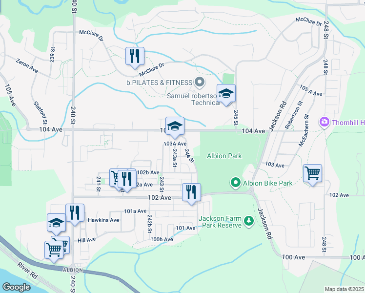 map of restaurants, bars, coffee shops, grocery stores, and more near 24382 104 Avenue in Maple Ridge