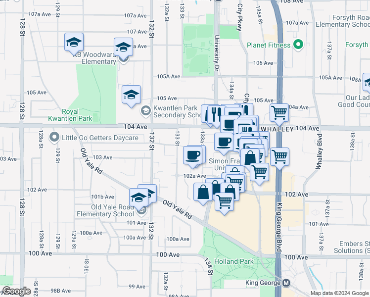map of restaurants, bars, coffee shops, grocery stores, and more near in Surrey
