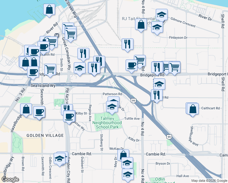 map of restaurants, bars, coffee shops, grocery stores, and more near 9551 Patterson Road in Richmond