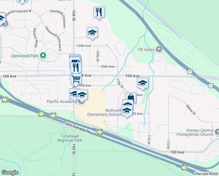 map of restaurants, bars, coffee shops, grocery stores, and more near 16988 103A Avenue in Surrey