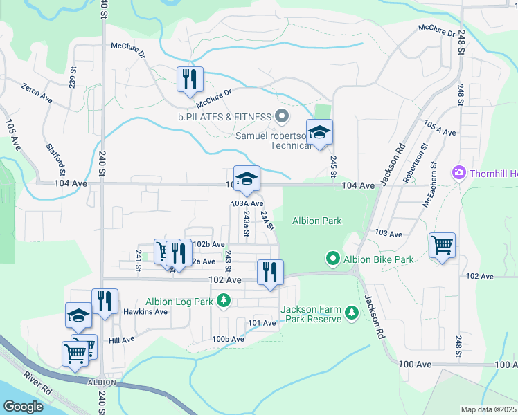 map of restaurants, bars, coffee shops, grocery stores, and more near 10345 244 Street in Maple Ridge