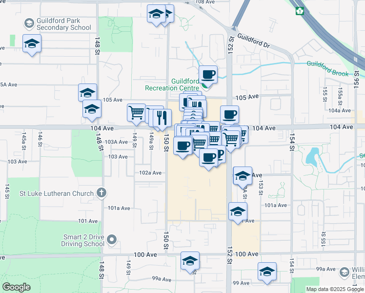 map of restaurants, bars, coffee shops, grocery stores, and more near  in Surrey