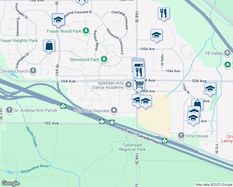 map of restaurants, bars, coffee shops, grocery stores, and more near 10333 167 Street in Surrey