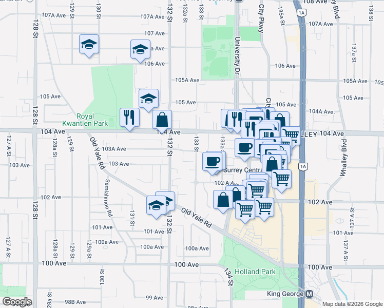 map of restaurants, bars, coffee shops, grocery stores, and more near in Surrey