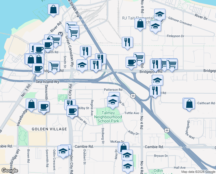 map of restaurants, bars, coffee shops, grocery stores, and more near 9551 Patterson Road in Richmond