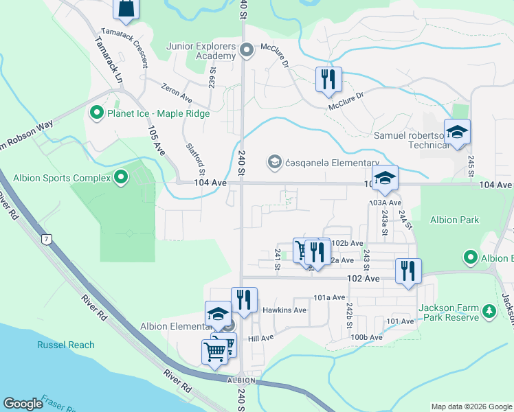 map of restaurants, bars, coffee shops, grocery stores, and more near 10372 240A Street in Maple Ridge