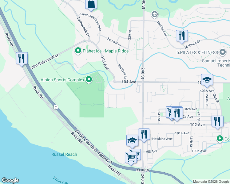 map of restaurants, bars, coffee shops, grocery stores, and more near 23855 103A Avenue in Maple Ridge