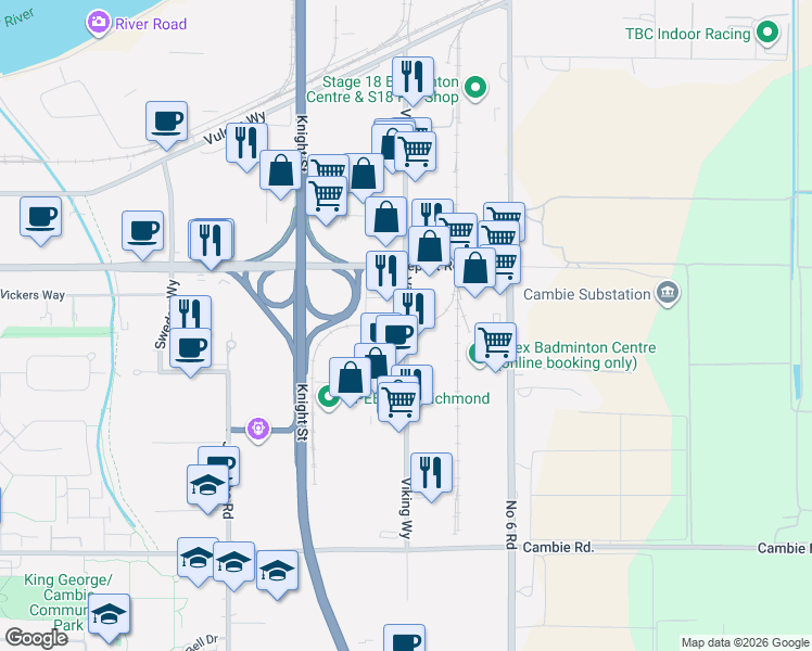 map of restaurants, bars, coffee shops, grocery stores, and more near Viking Way in Richmond