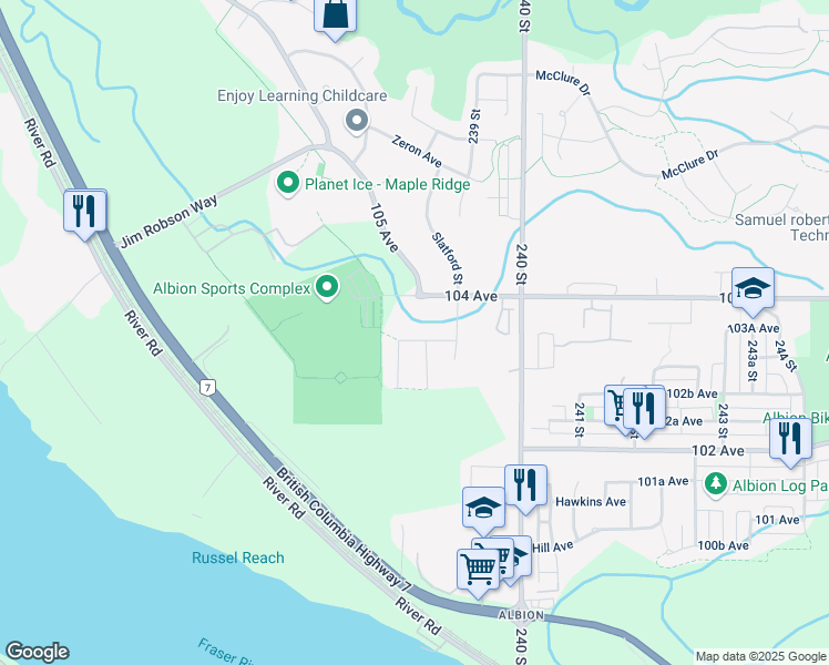 map of restaurants, bars, coffee shops, grocery stores, and more near 23849 103A Avenue in Maple Ridge