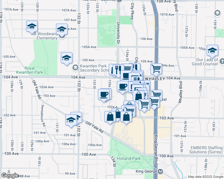 map of restaurants, bars, coffee shops, grocery stores, and more near 10336 133A Street in Surrey