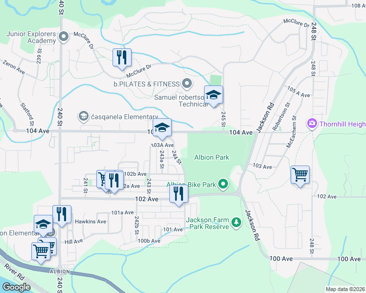 map of restaurants, bars, coffee shops, grocery stores, and more near 24445 104 Avenue in Maple Ridge