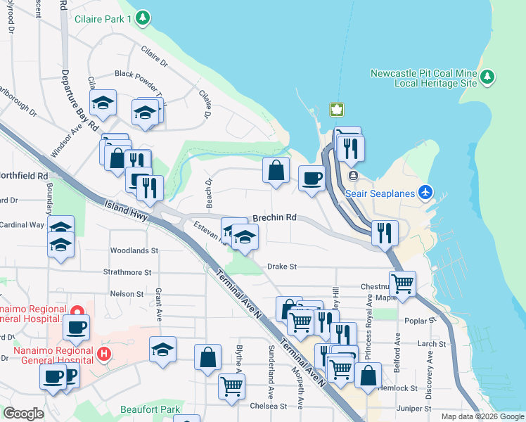 map of restaurants, bars, coffee shops, grocery stores, and more near 2190 Ocean Terrace in Nanaimo