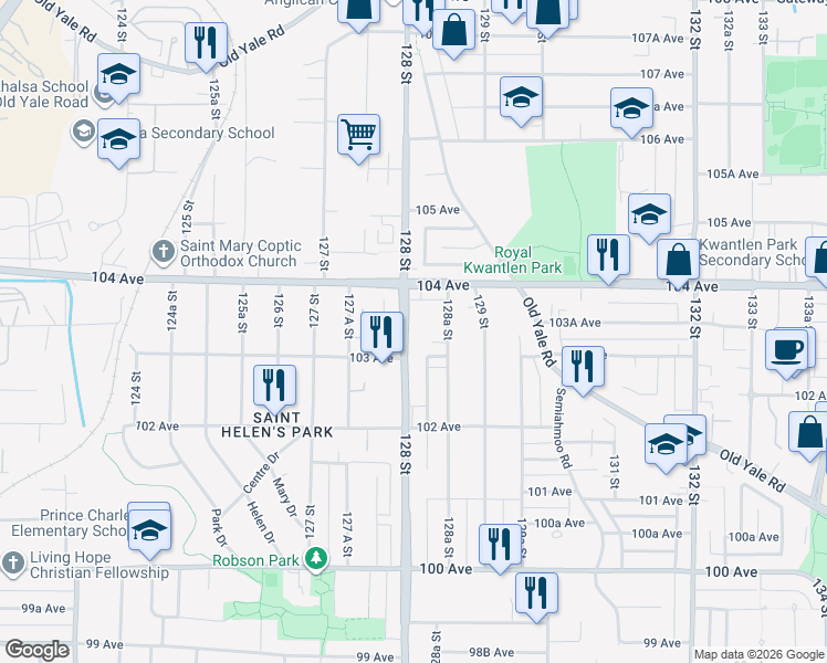 map of restaurants, bars, coffee shops, grocery stores, and more near 10334 128 Street in Surrey
