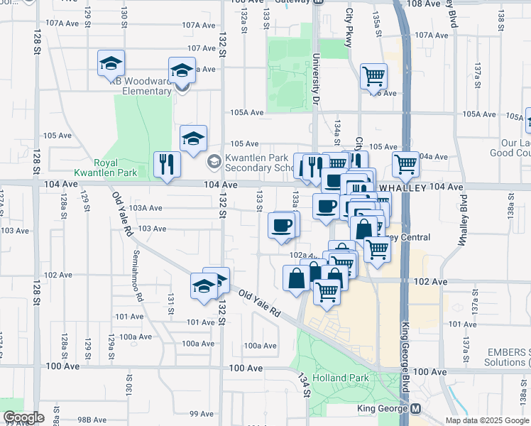 map of restaurants, bars, coffee shops, grocery stores, and more near 13308 Central Avenue in Surrey