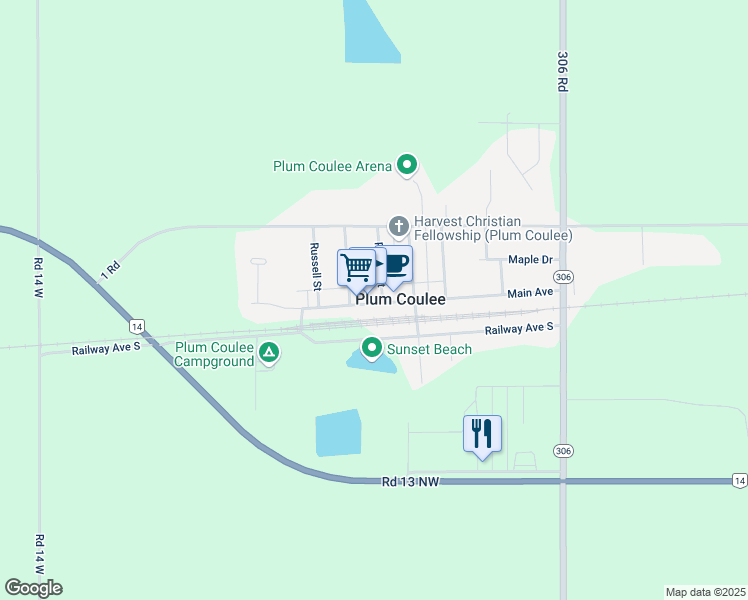 map of restaurants, bars, coffee shops, grocery stores, and more near 277 Main Avenue in Plum Coulee