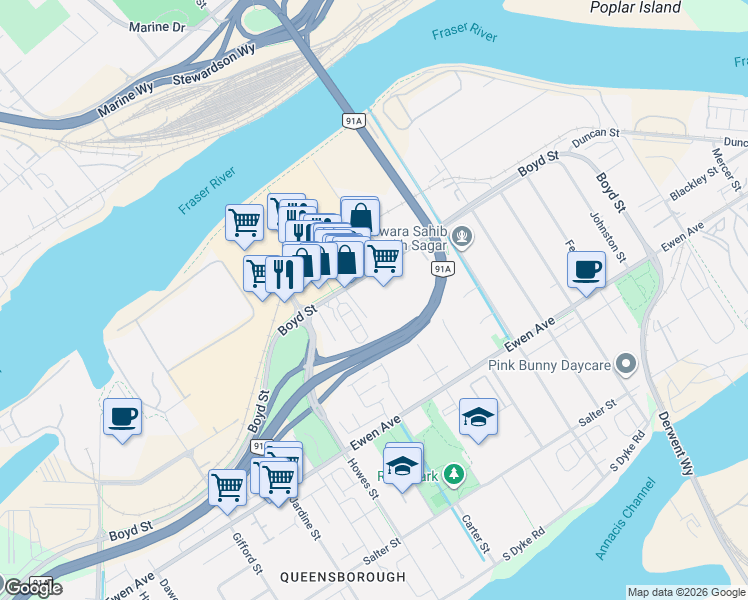 map of restaurants, bars, coffee shops, grocery stores, and more near 816 Boyd Street in New Westminster
