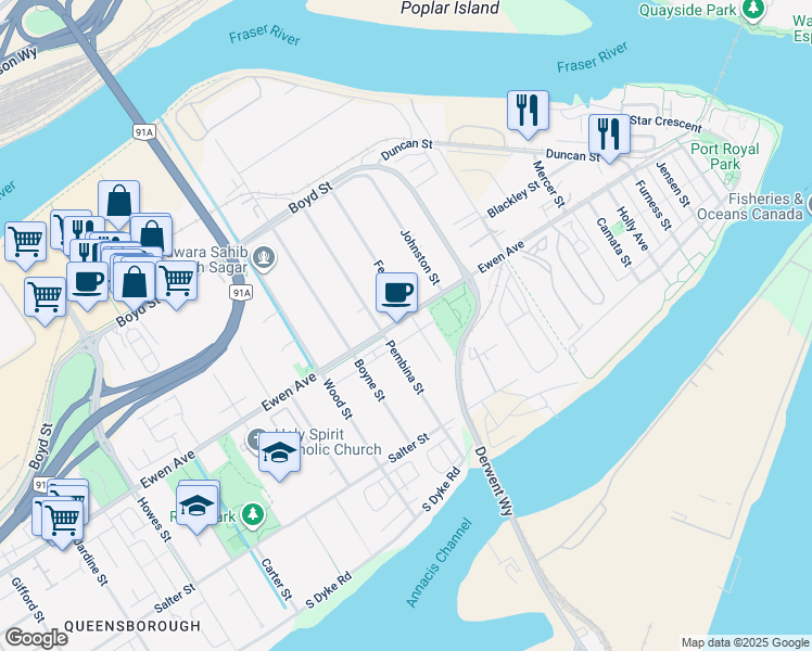 map of restaurants, bars, coffee shops, grocery stores, and more near 534 Ewen Avenue in New Westminster