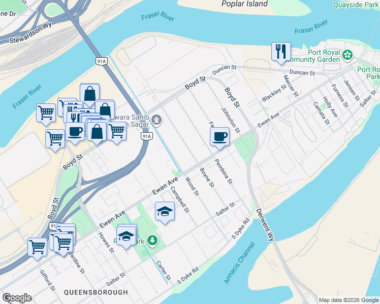 map of restaurants, bars, coffee shops, grocery stores, and more near 309 Boyne Street in New Westminster