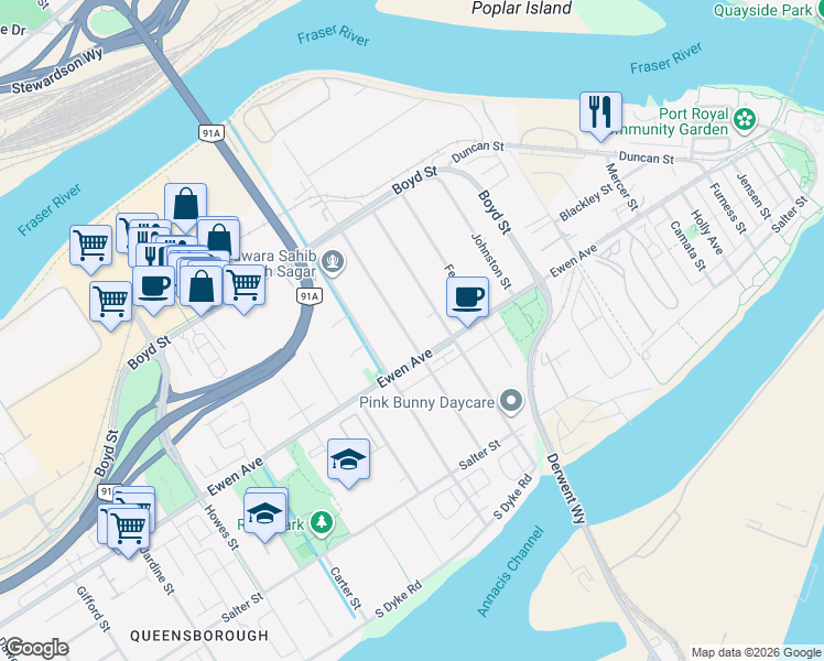 map of restaurants, bars, coffee shops, grocery stores, and more near 309 Boyne Street in New Westminster