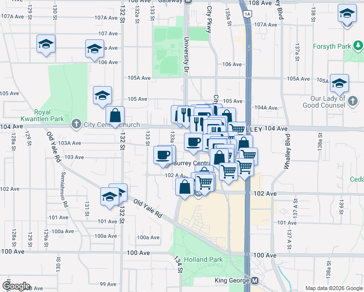 map of restaurants, bars, coffee shops, grocery stores, and more near 13308 103A Avenue in Surrey