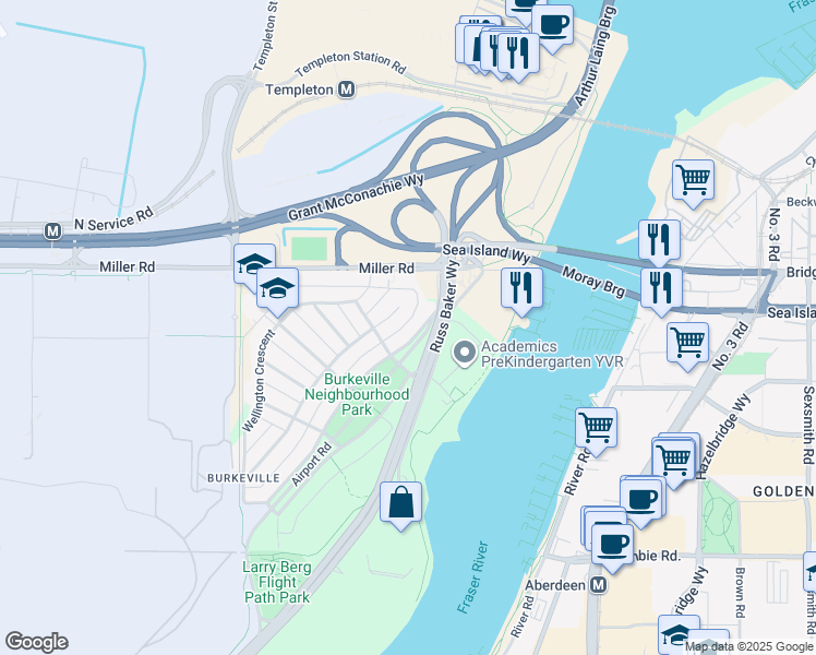 map of restaurants, bars, coffee shops, grocery stores, and more near 3211 Catalina Crescent in Richmond