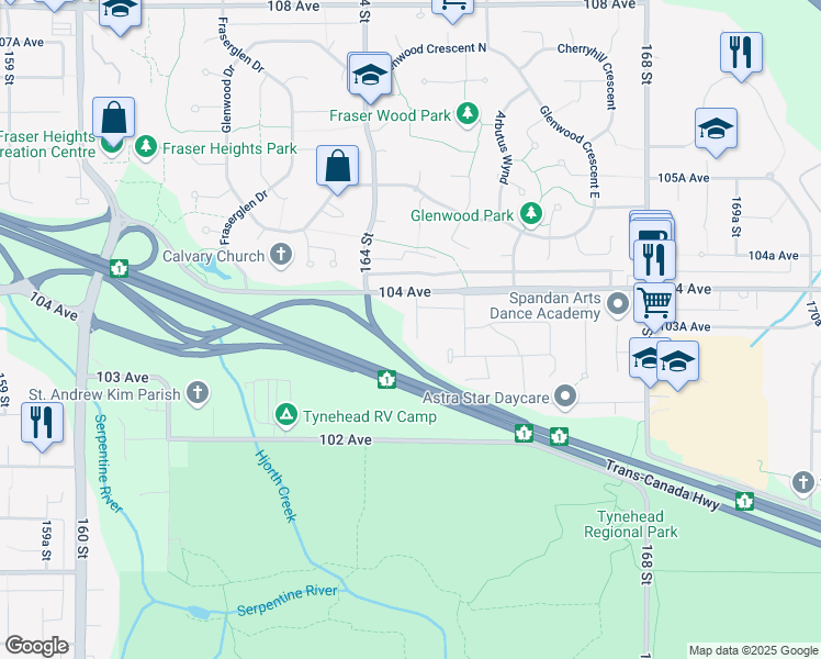 map of restaurants, bars, coffee shops, grocery stores, and more near 10339 164A Street in Surrey